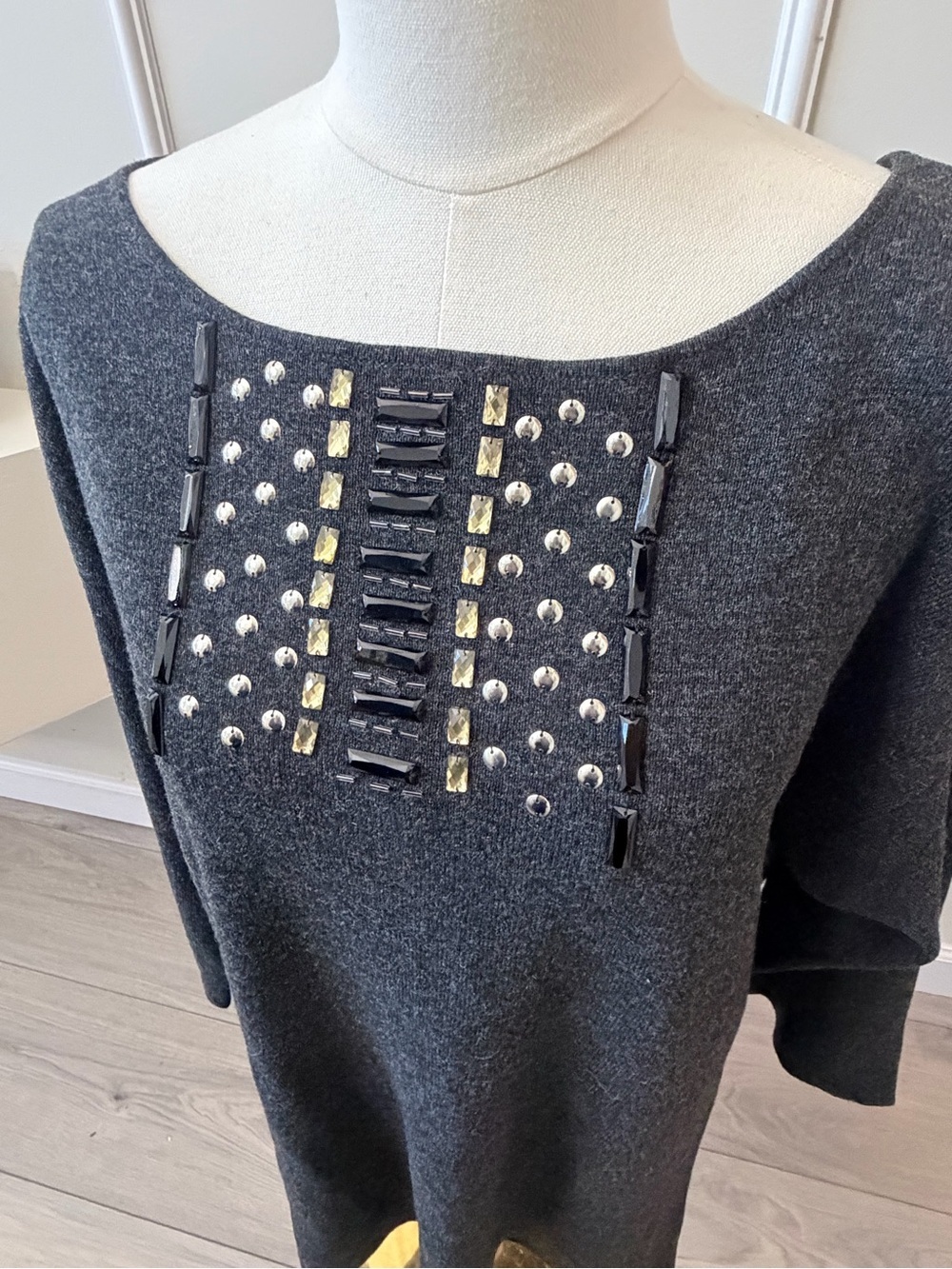Adrienne Vittadini Dark Charcoal Embellished Long Sleeve Mini Dress - Picture 3 of 8